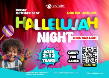Hallelujah Night: Shine Your Light.  Games, Fun & Candy for Ages 2-12 from 6:30 to 8:30 PM on Friday, October 31st, 2025