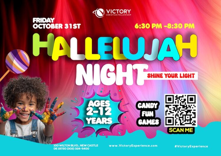 Hallelujah Night: Shine Your Light.  Games, Fun & Candy for Ages 2-12 from 6:30 to 8:30 PM on Friday, October 31st, 2025